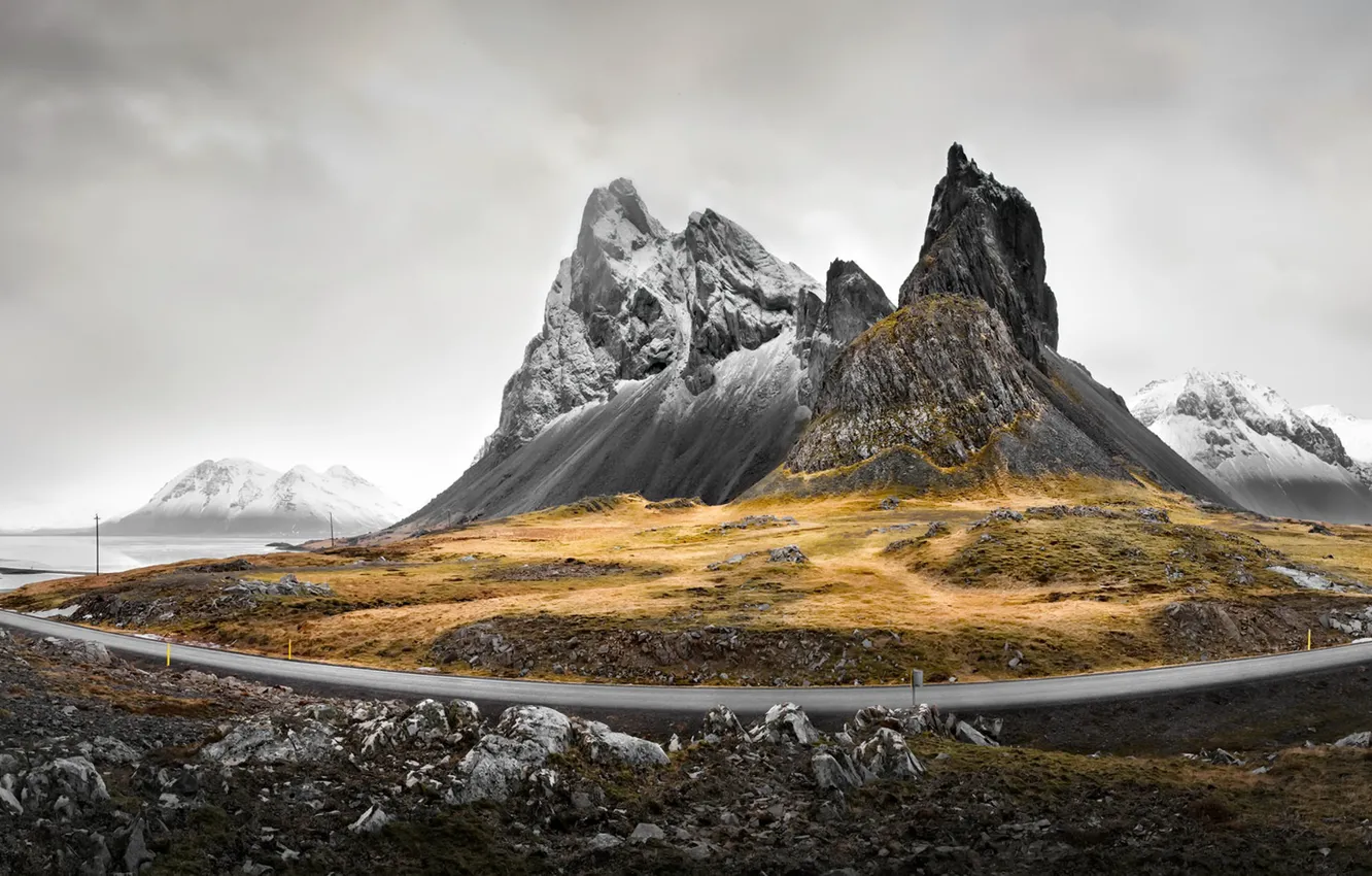Photo wallpaper road, fog, mountain