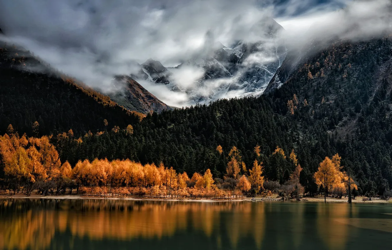 Photo wallpaper autumn, forest, clouds, trees, mountains, fog, lake, reflection
