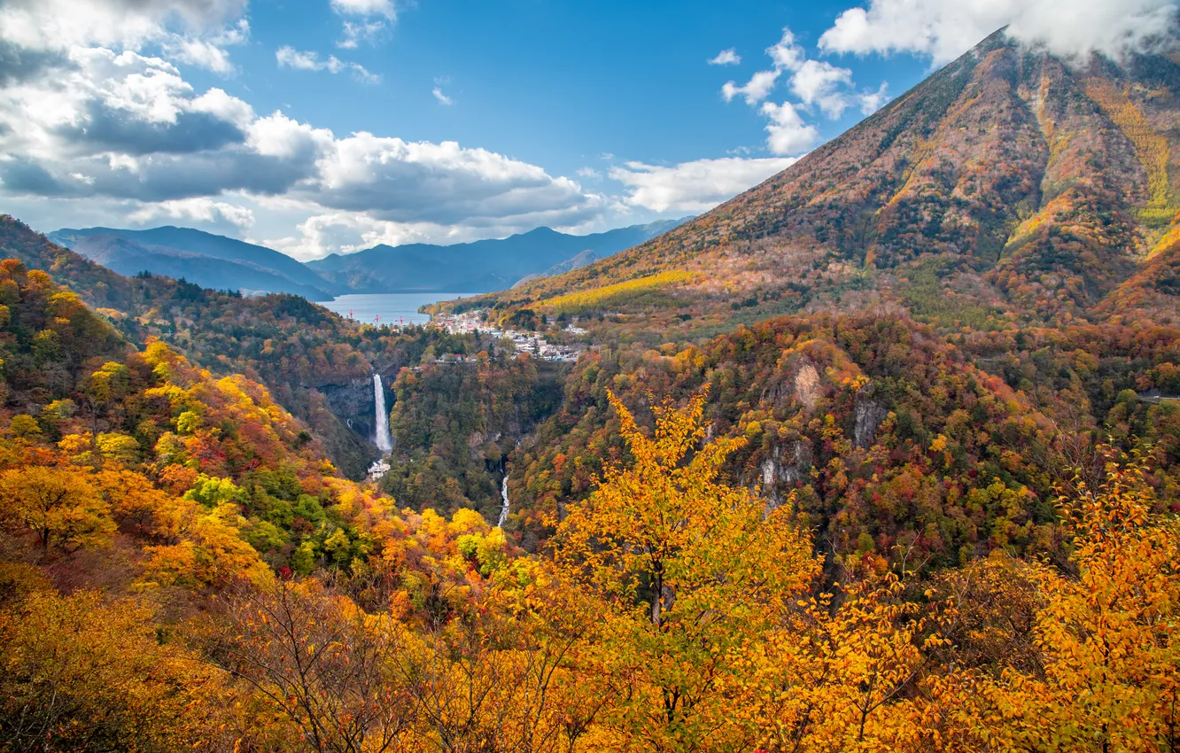 Photo wallpaper autumn, forest, clouds, trees, mountains, blue, foliage, waterfall