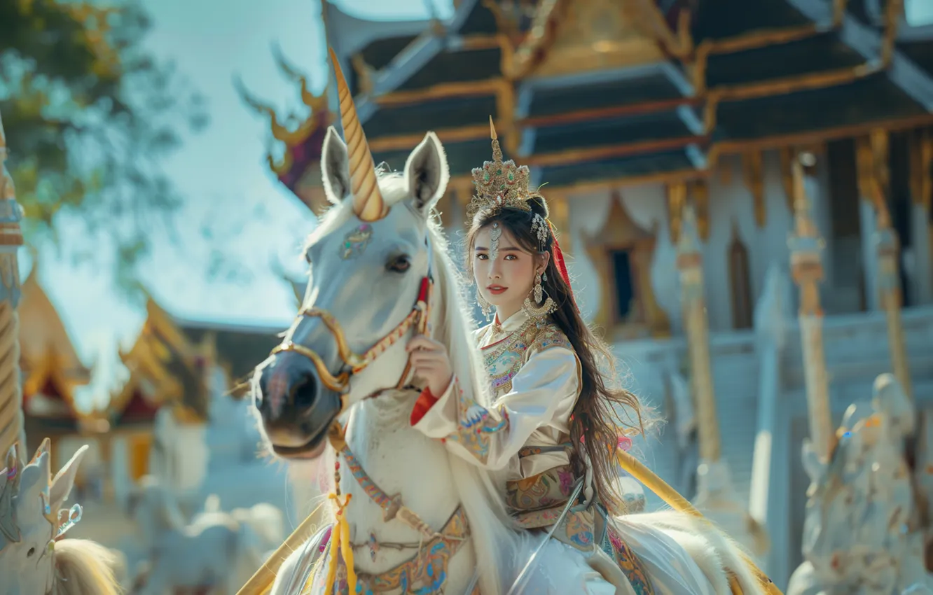 Photo wallpaper white, girl, decoration, nature, horse, horse, rider, fantasy