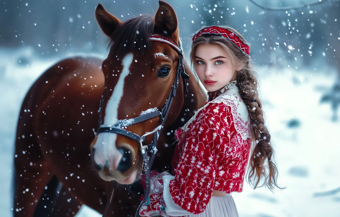 Photo wallpaper winter, look, girl, snow, nature, horse, glade, horse
