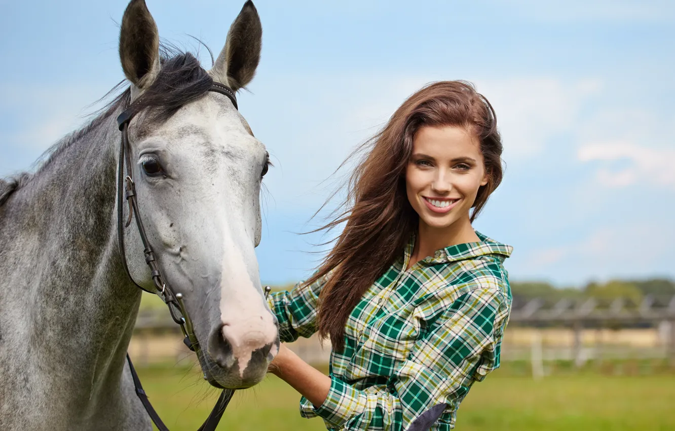 Photo wallpaper field, the sky, grass, the sun, smile, horse, makeup, hairstyle