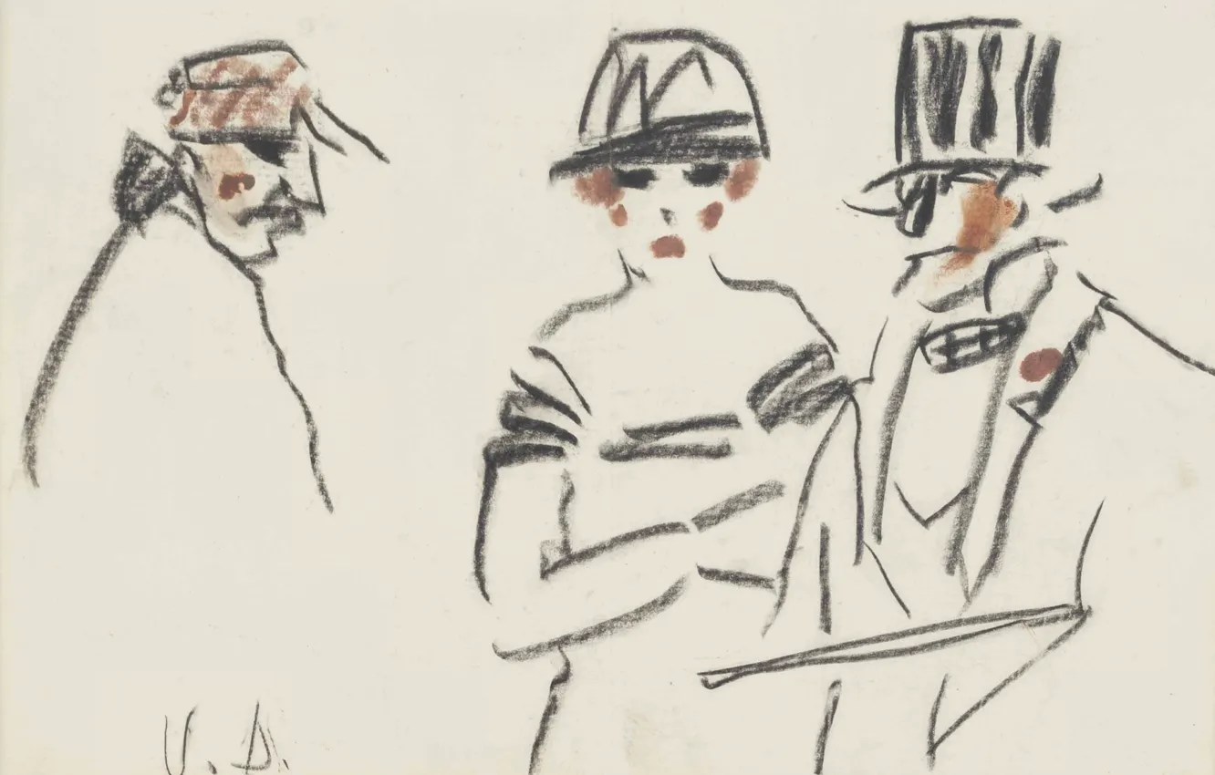 Photo wallpaper paper, pastel, coal, cylinder hat, Kees van Dongen, Three characters