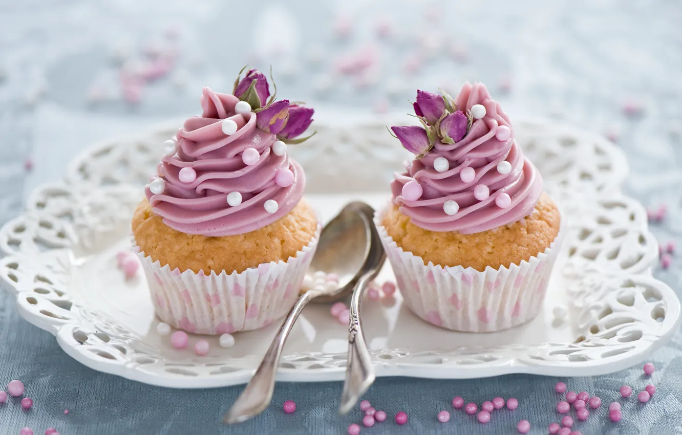 Photo wallpaper flowers, pink, sweets, decoration, cream, dessert, cakes, sweet