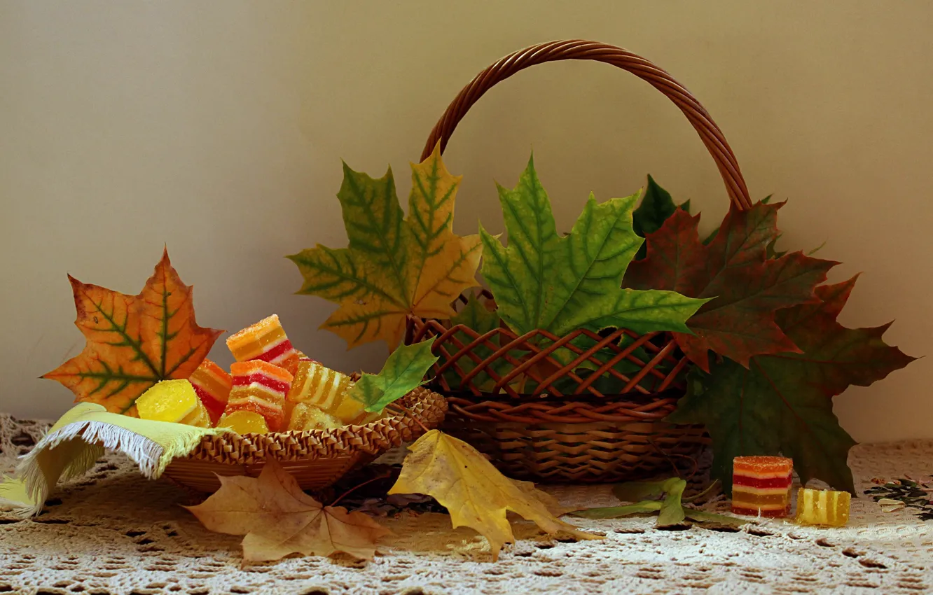 Photo wallpaper autumn, leaves, basket, sweets, still life, maple