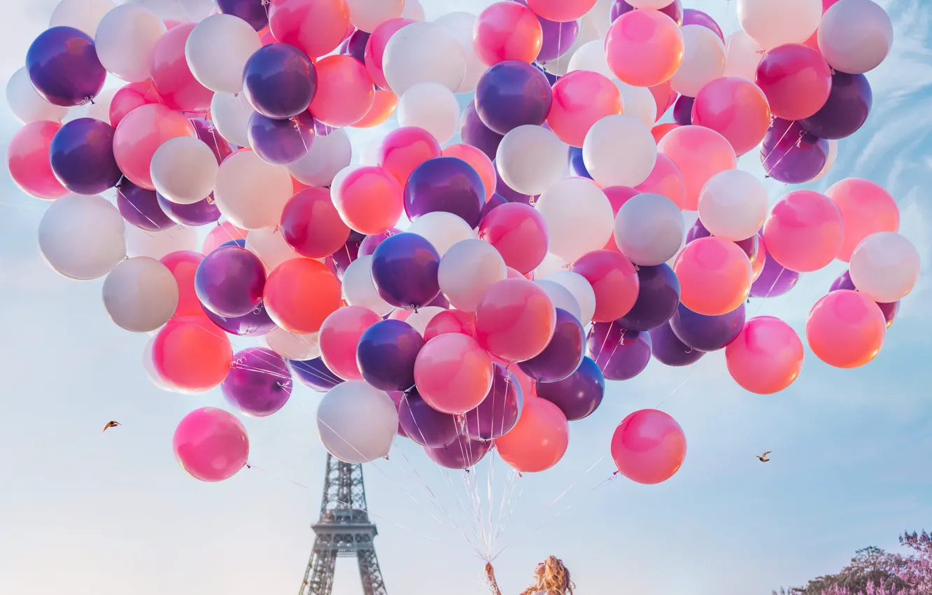 Photo wallpaper girl, balls, balloons, mood, France, Paris, dress, Eiffel tower