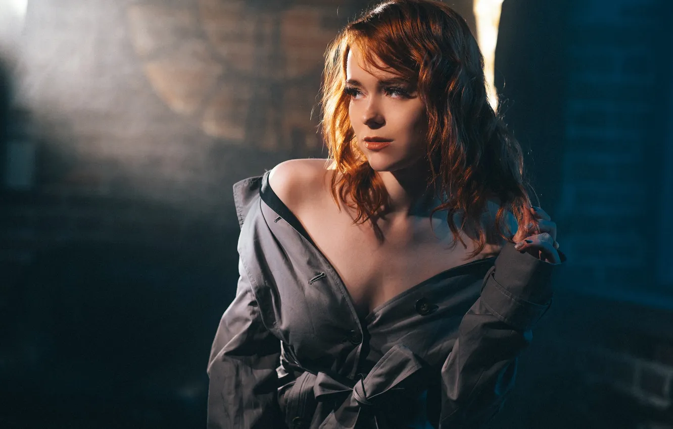 Photo wallpaper girl, pose, hands, red, cloak, shoulders, redhead, Max Miron