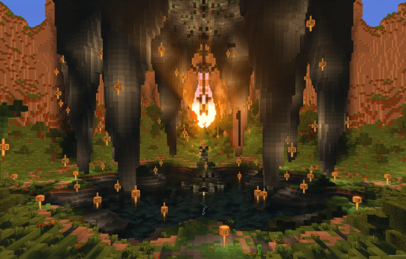 Photo wallpaper the sky, grass, the sun, trees, flowers, mountains, rocks, earth