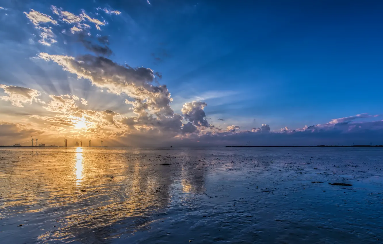 Photo wallpaper sea, the sky, the sun, clouds, dawn, shore, windmills