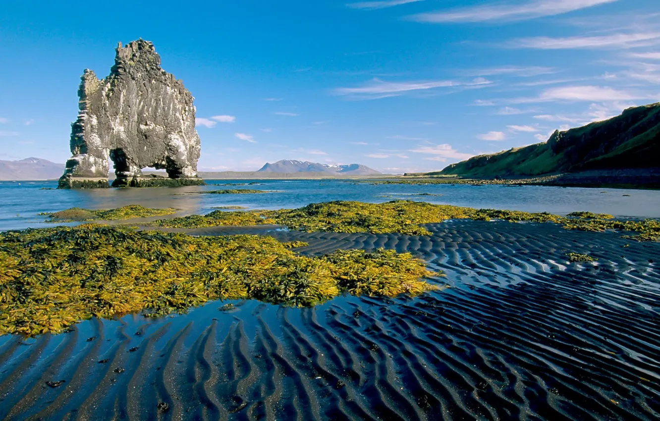 Photo wallpaper the sky, mountains, lake, rocks, tide, arch