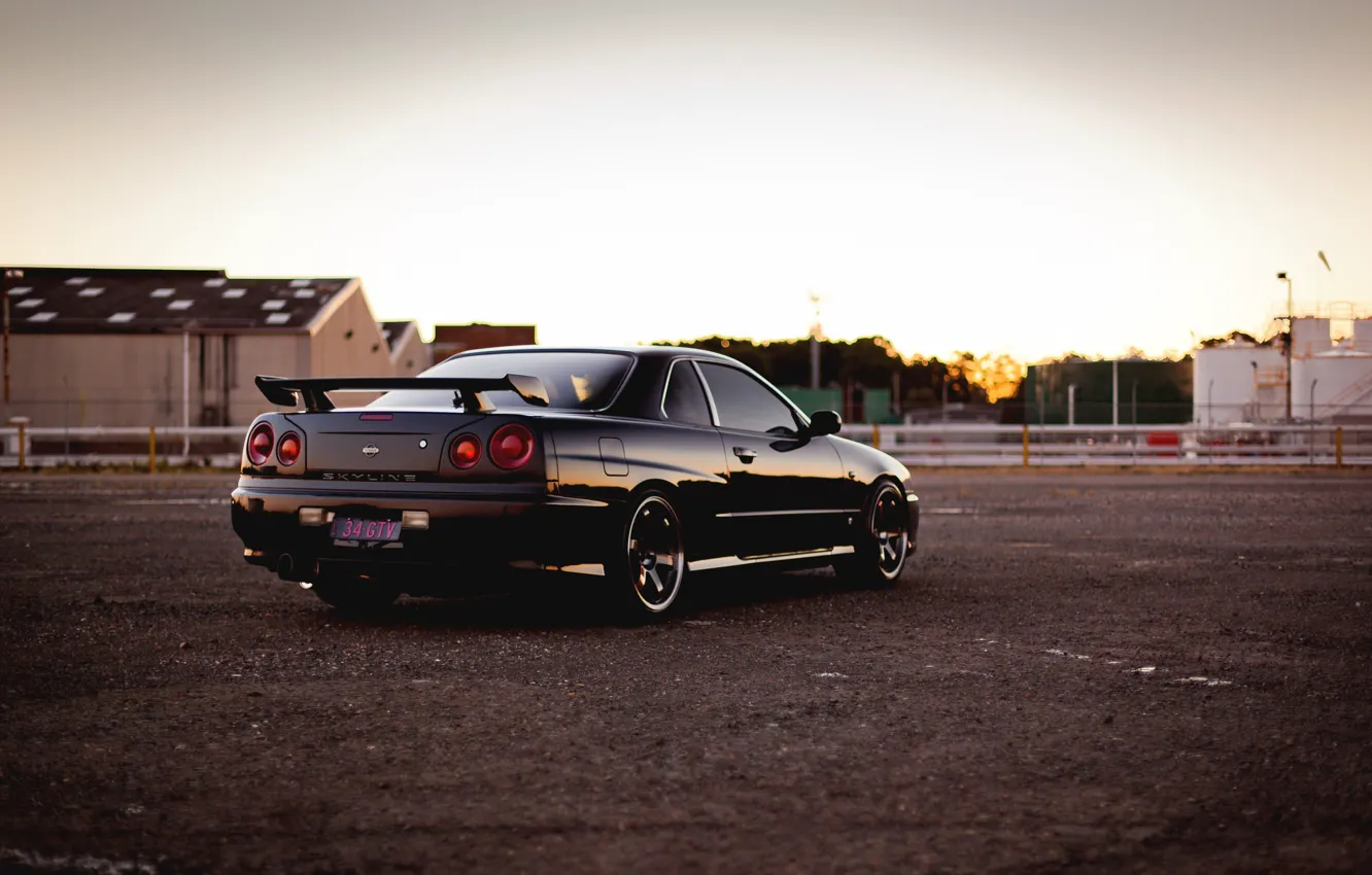 Photo wallpaper Nissan, black, skyline, gtr, r34, railroad