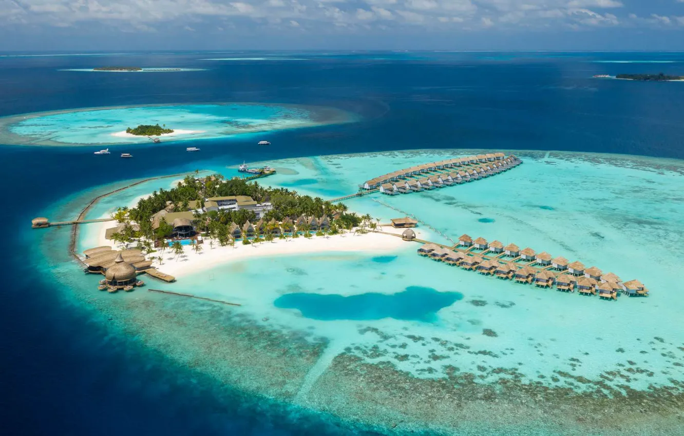 Photo wallpaper Islands, palm trees, the ocean, The Maldives, resort, Laguna, beaches, Bungalow