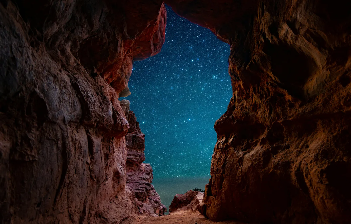 Photo wallpaper landscape, mountains, night, nature, horizon, cave, landscape, nature