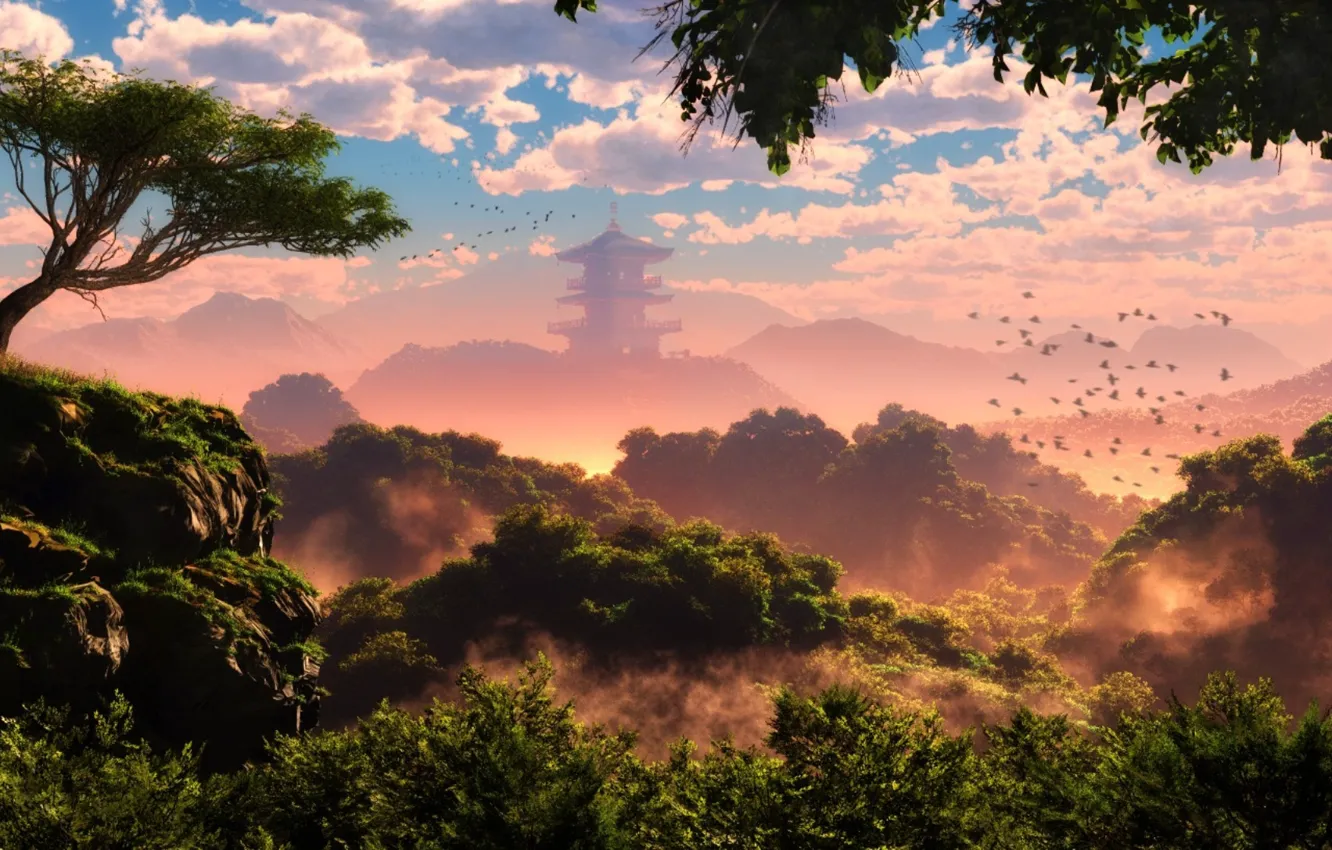 Photo wallpaper forest, the sky, trees, mountains, bird, tower, traveler, Pilgrimage