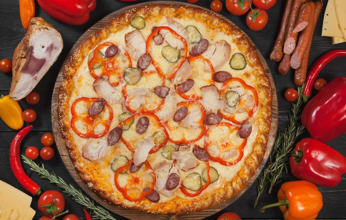 Photo wallpaper cheese, pepper, pizza, tomatoes