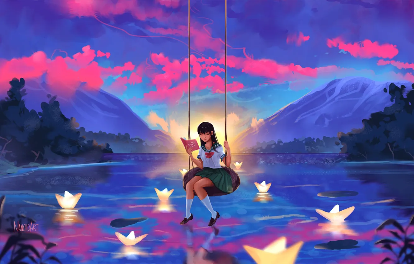 Photo wallpaper the sky, water, clouds, mountains, swing, girl, items, paper boats