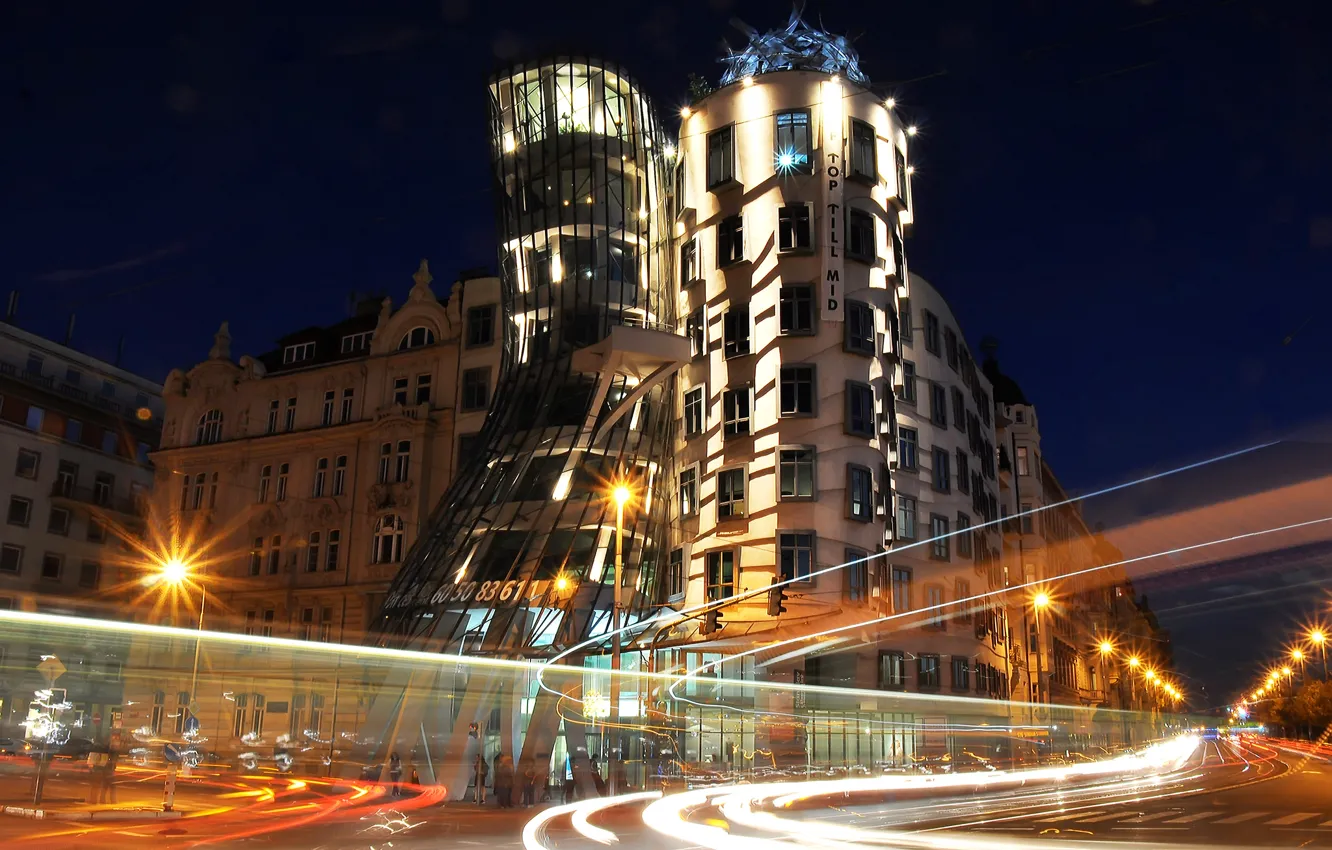 Photo wallpaper night, lights, Prague, Czech Republic, promenade, the dancing house