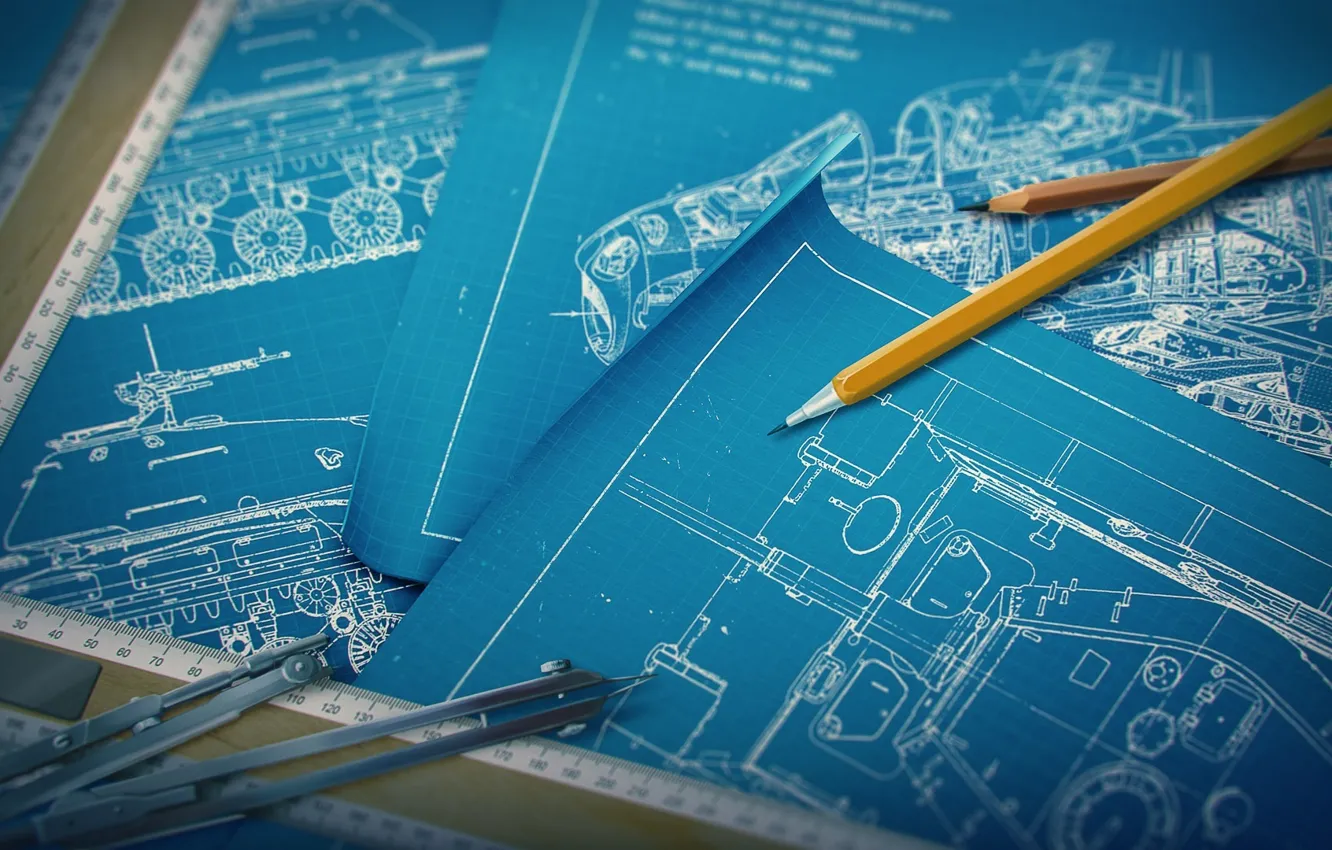 Photo wallpaper pencils, the compass, development, The designer's desk