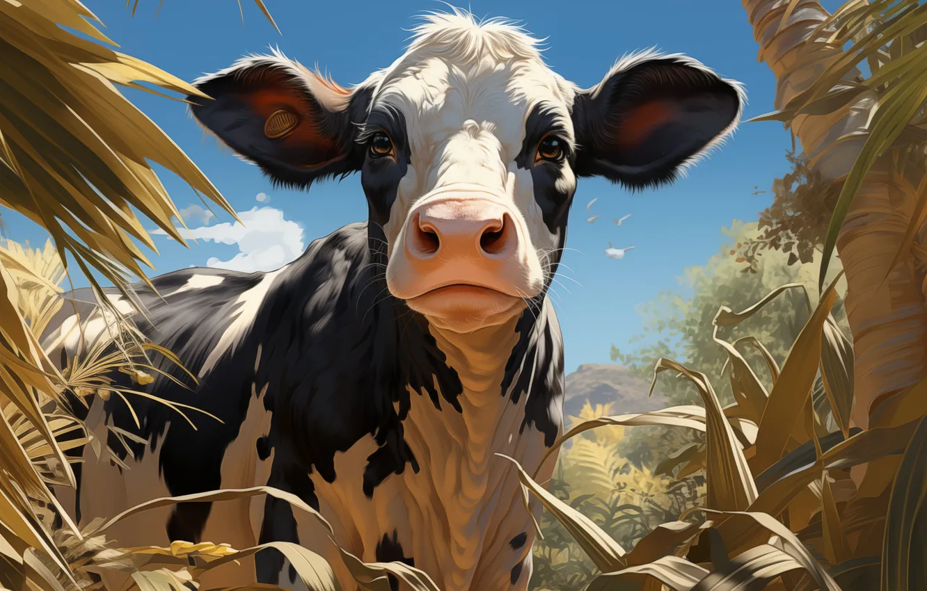 Photo wallpaper grass, look, trees, face, digital art, calf, AI art, The Art of Artificial Intelligence