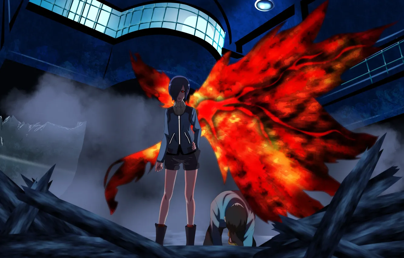 Photo wallpaper girl, blood, game, monster, anime, wings, red eyes, pretty