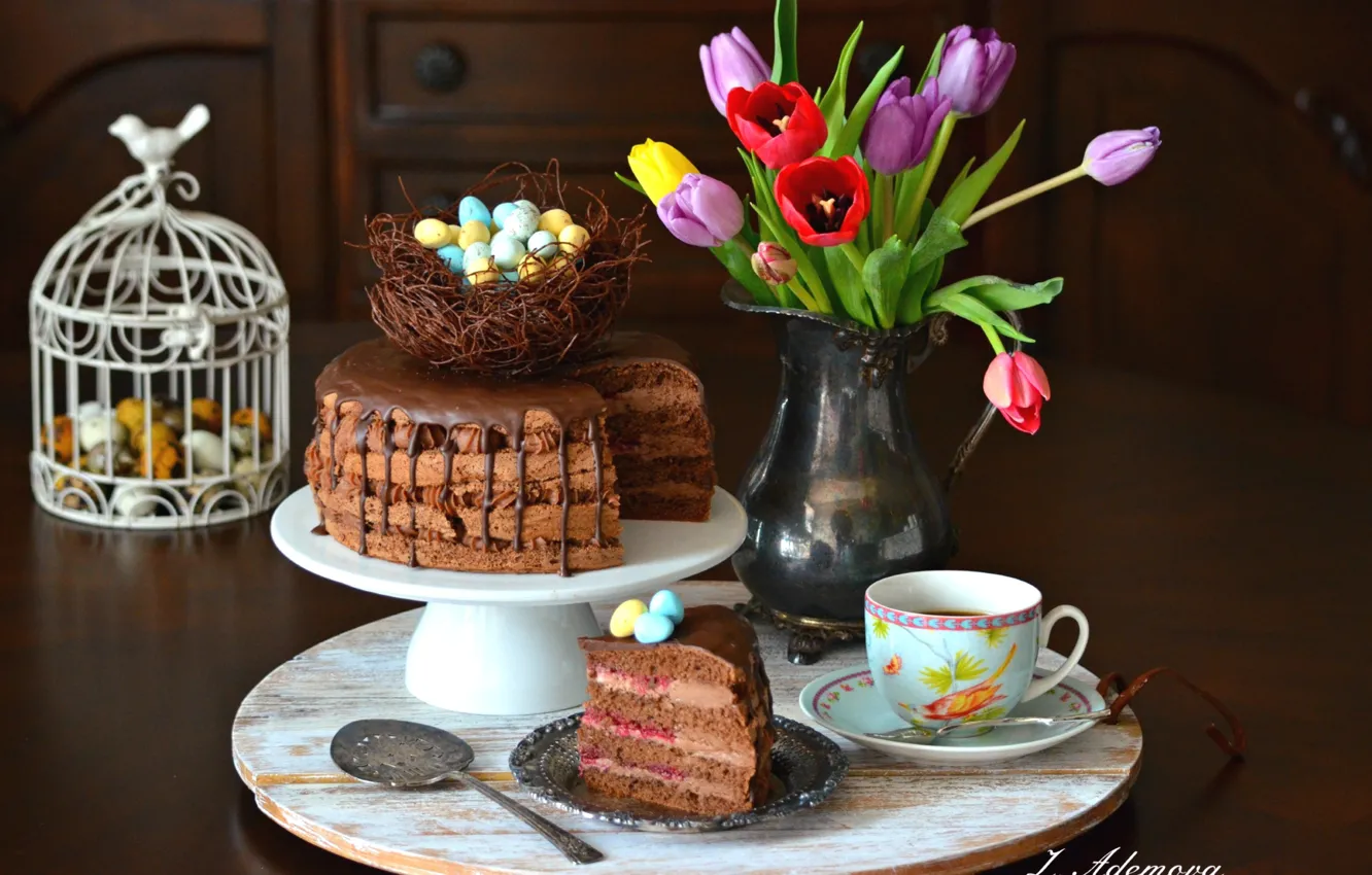 Photo wallpaper tea, tulips, cake, piece