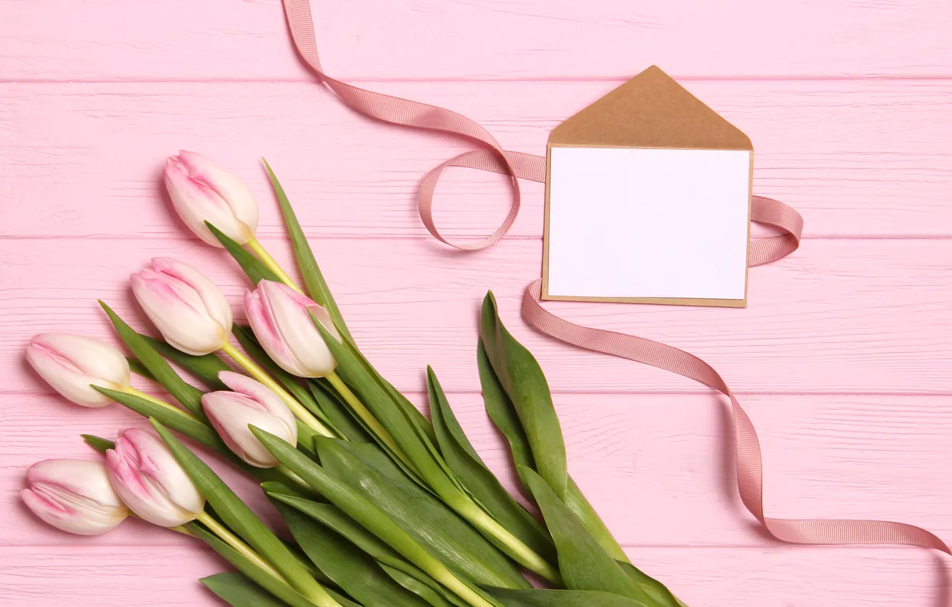 Photo wallpaper flowers, gift, bouquet, tulips, pink, wood, pink, flowers