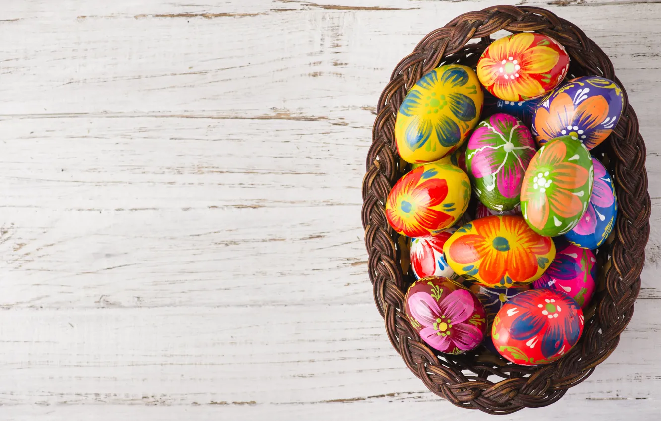 Photo wallpaper basket, spring, colorful, Easter, wood, spring, Easter, eggs