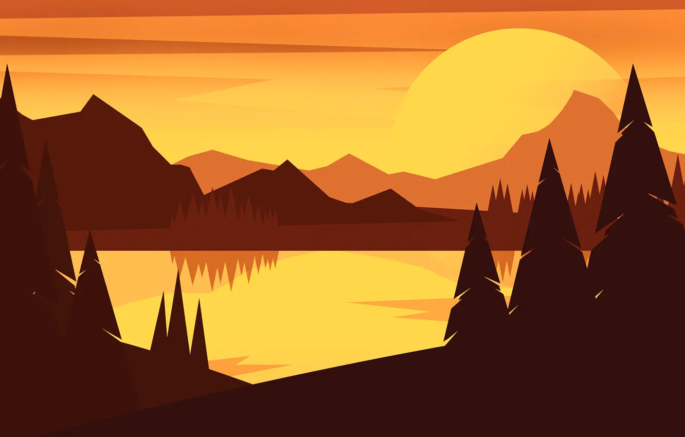 Photo wallpaper forest, sunset, mountains, lake