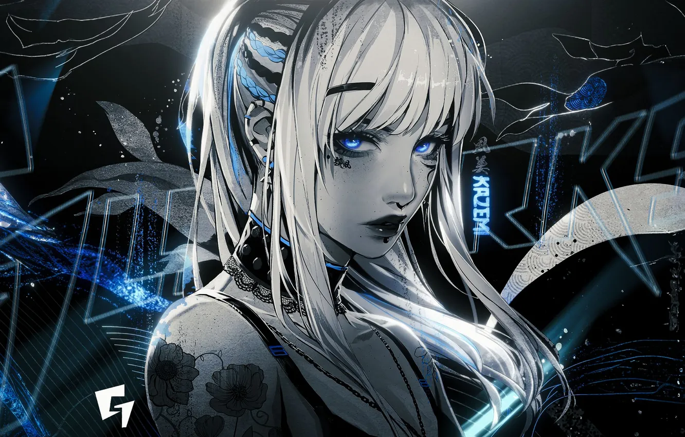 Photo wallpaper look, girl, dark, neon, blue eyes, digital art, digital art, artificial intelligence