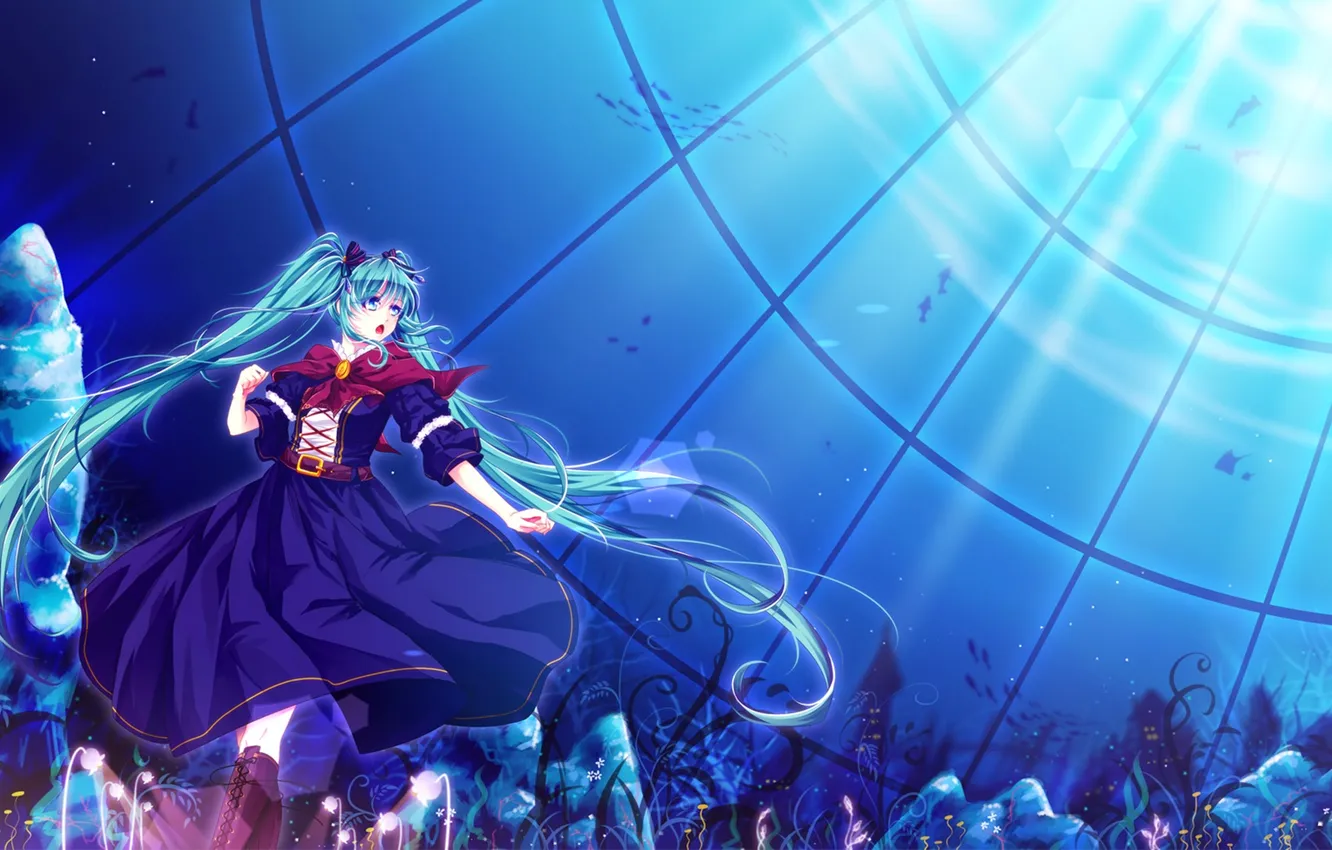 Photo wallpaper sea, water, girl, rays, plant, surprise, vocaloid, hatsune miku