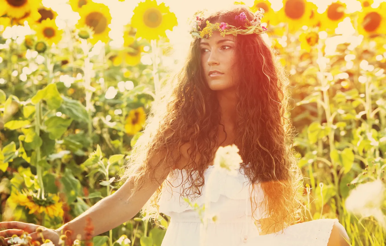 Photo wallpaper girl, sunflowers, flowers, brown hair, curls, wreath