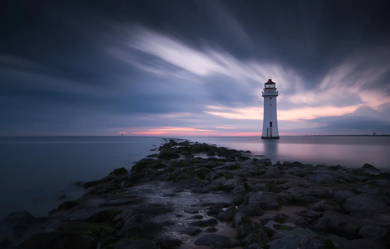 Photo wallpaper sea, the sky, clouds, stones, lighthouse, the evening