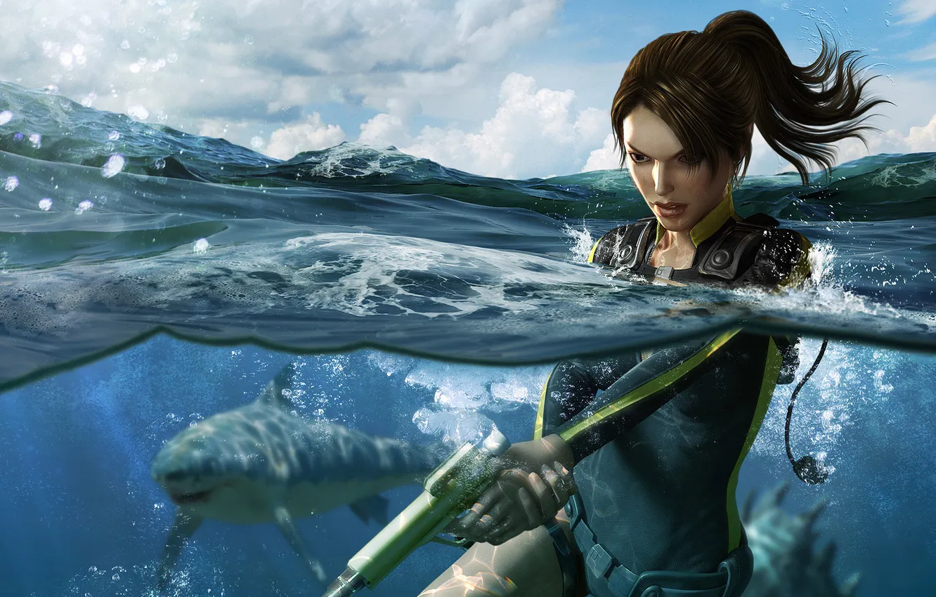 Photo wallpaper girl, weapons, the ocean, shark, lara croft, Tomb Raider: Underworld