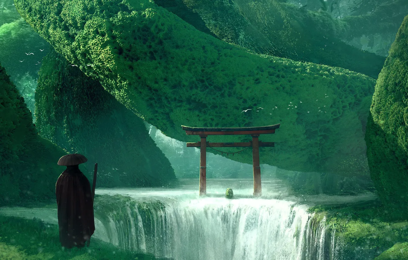 Photo wallpaper Waterfall, People, Asia, Art, Art, Fiction, Fiction, Waterfall