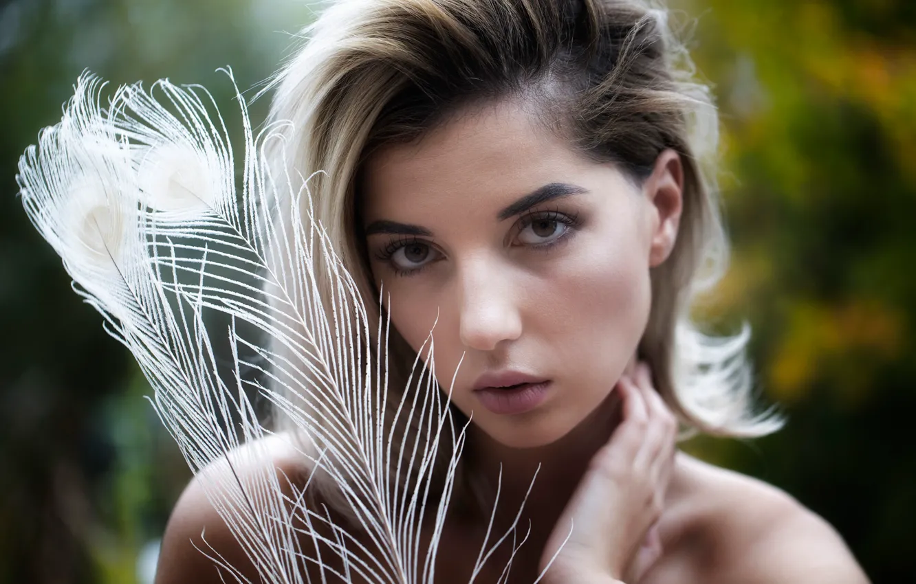 Photo wallpaper look, girl, background, portrait, feathers, makeup, hairstyle, blonde