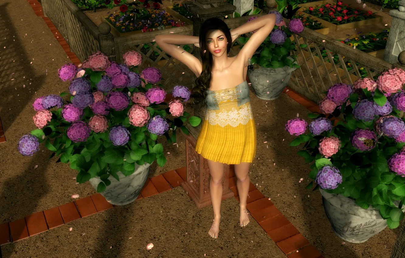 Photo wallpaper girl, flowers, hydrangea
