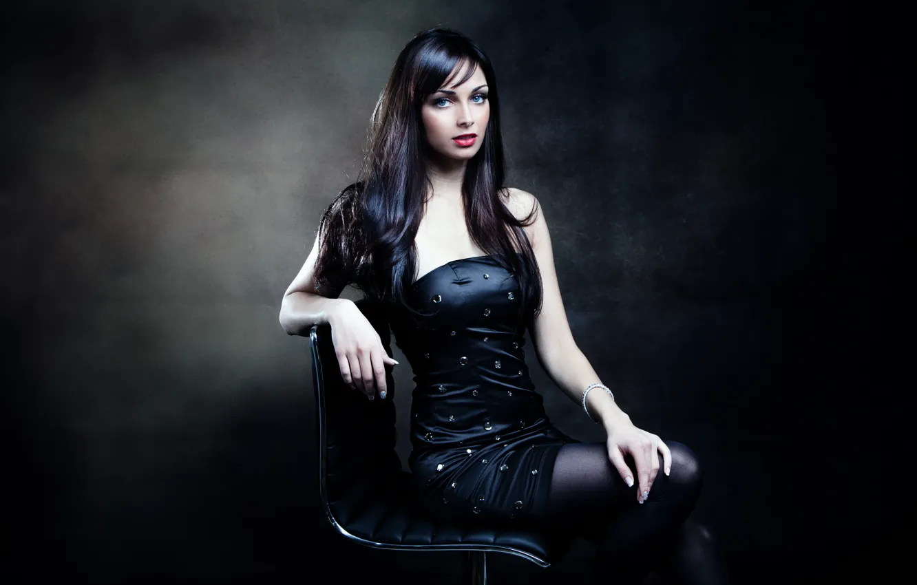 Photo wallpaper look, girl, pose, background, hands, makeup, black dress, sitting