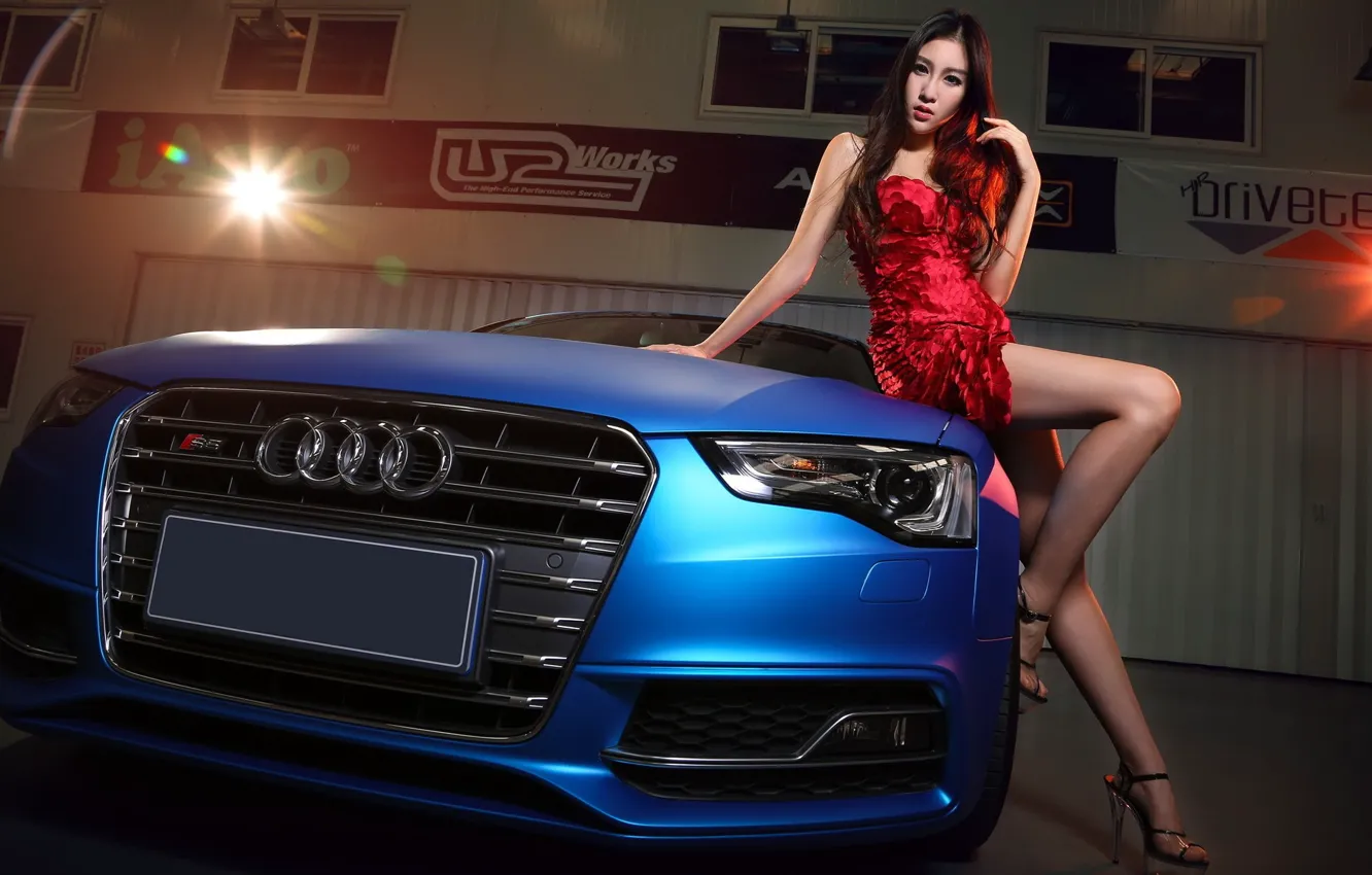 Photo wallpaper look, girl, Audi, dress, Asian, beautiful girl, blue auto