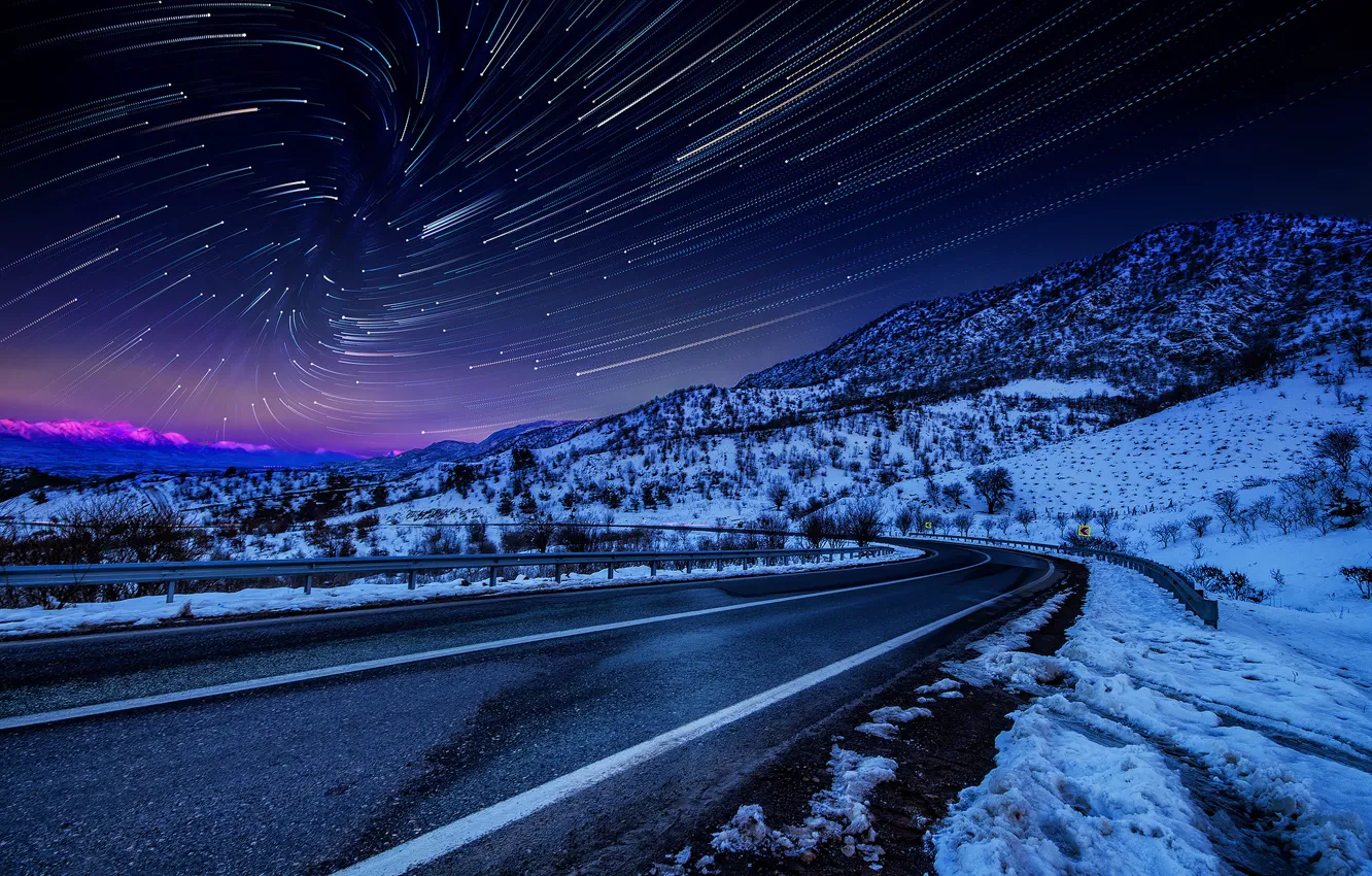 Photo wallpaper winter, the sky, stars, snow, landscape, mountains, night, nature