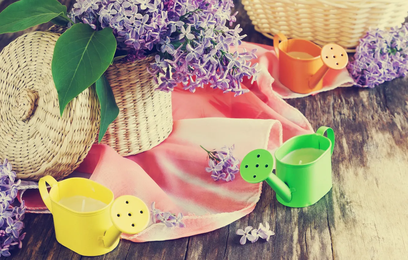 Photo wallpaper branches, basket, Board, candles, fabric, lake, lilac