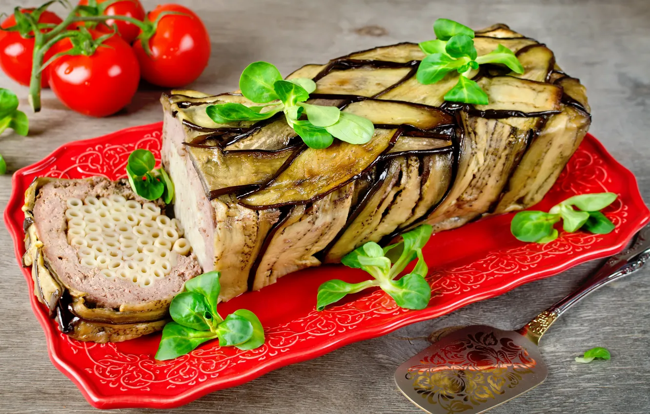 Photo wallpaper Basil, vegetables, food, meat, roll, tomatoes-cherry