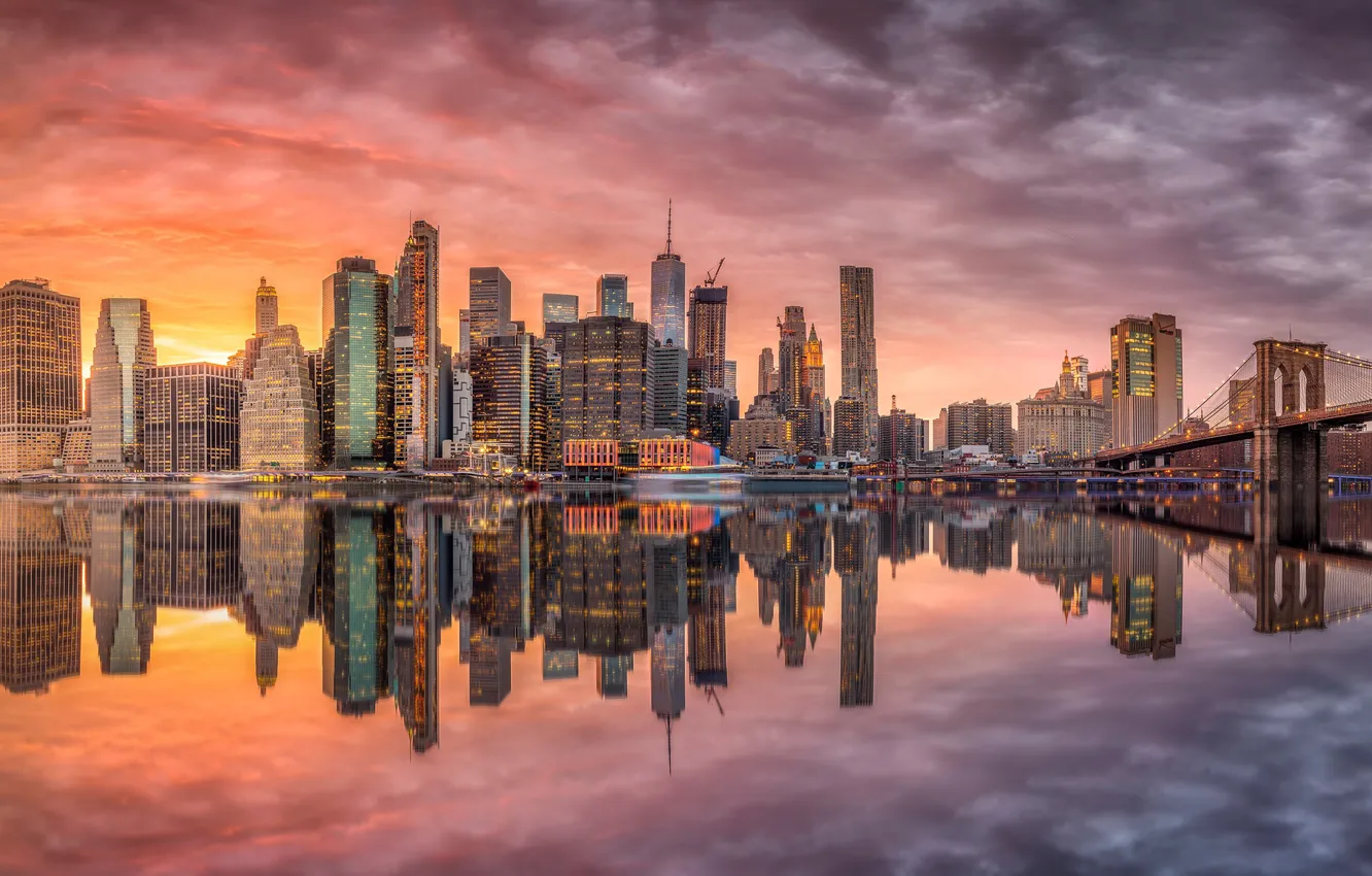 Photo wallpaper reflection, bridge, the city, building, USA, New York