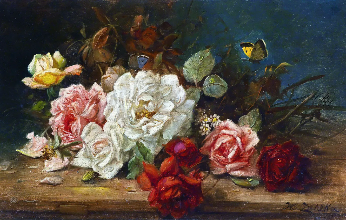 Photo wallpaper flowers, oil, roses, Hans Zatzka, «Still life with roses»