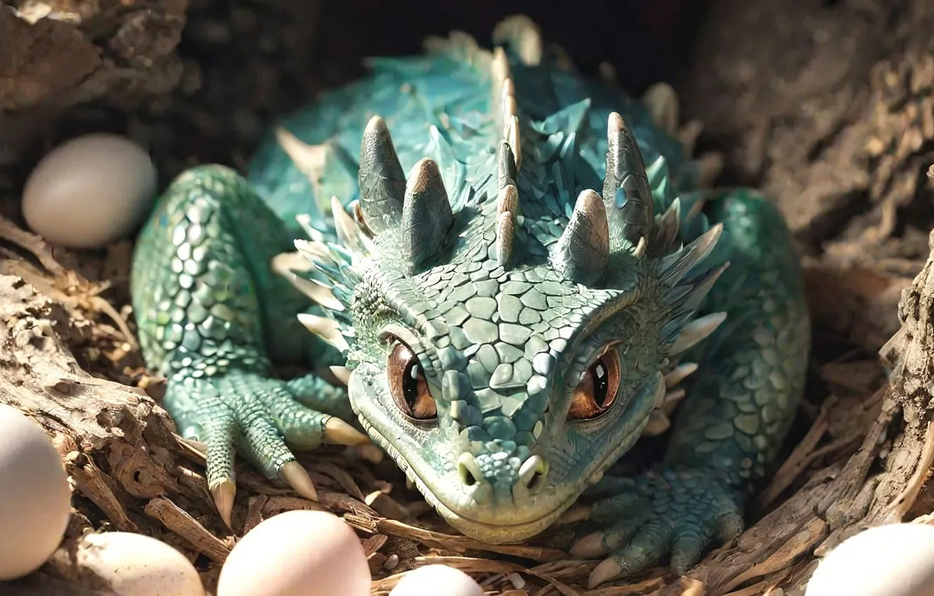 Photo wallpaper dragon, eggs, lizard
