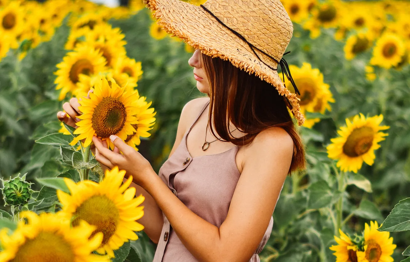 Photo wallpaper summer, girl, sunflowers, flowers, yellow, nature, pose, mood