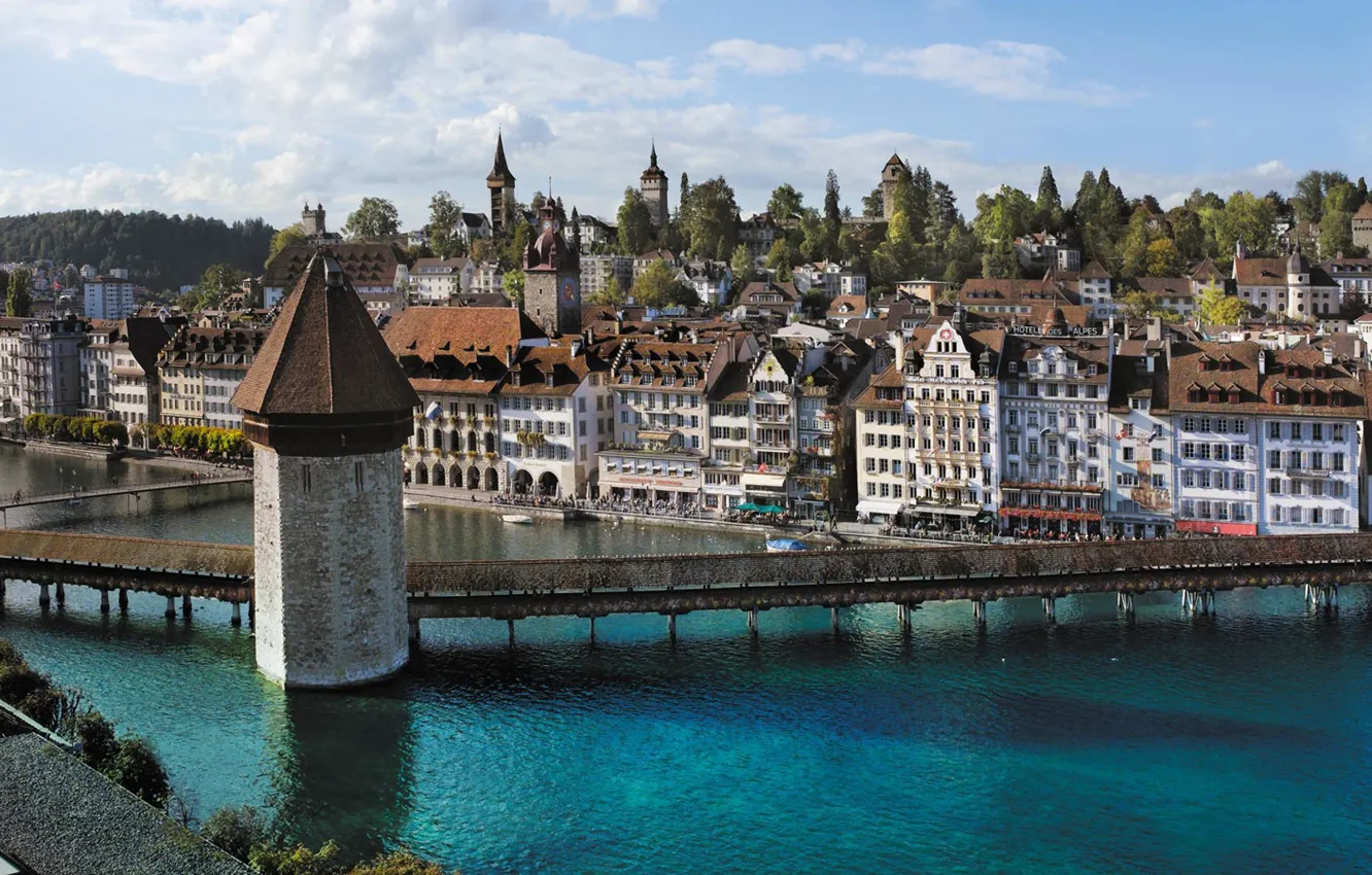 Photo wallpaper river, home, Switzerland, Lucerne, Chapel bridge