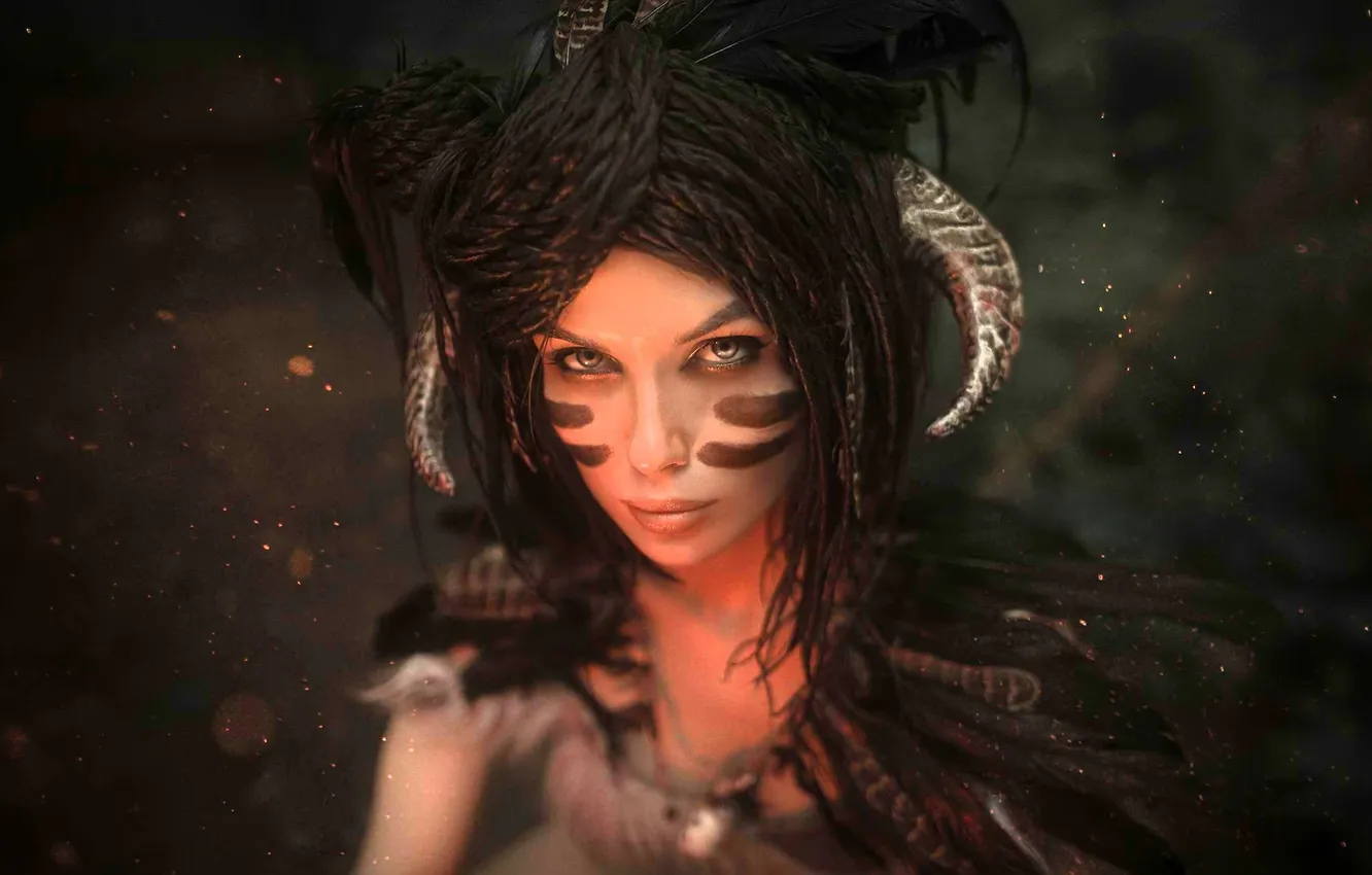Photo wallpaper look, girl, face, sparks, costume, outfit, horns, image