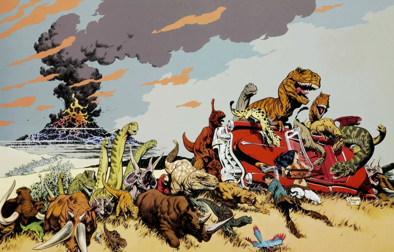 Photo wallpaper dinosaur, the volcano, the eruption, mammoth, Cadillac, Cadillacs, Mark Schultz, dinosaurs