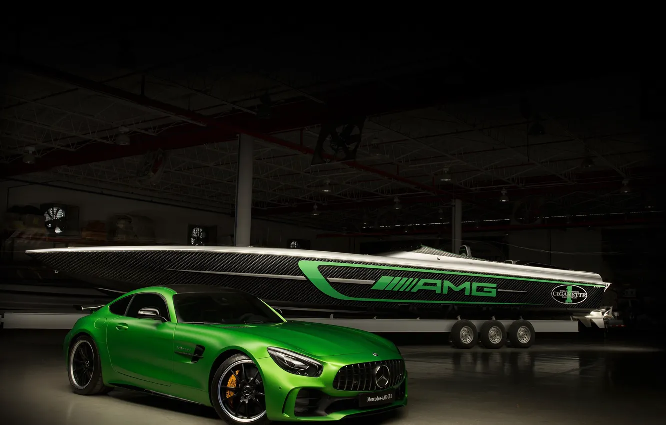 Photo wallpaper car, green, boat, Cigarette Racing, Mercedes Amg
