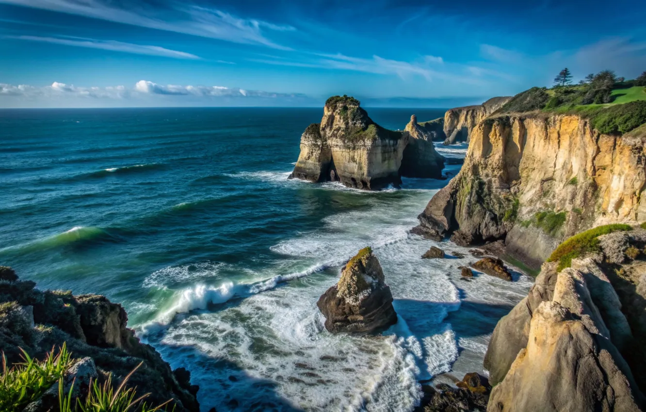 Photo wallpaper sea, wave, clouds, rocks, shore, waves, sea, ocean